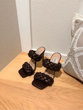 Steve Madden Dark Brown Braided Double-strap High Heel Sandals